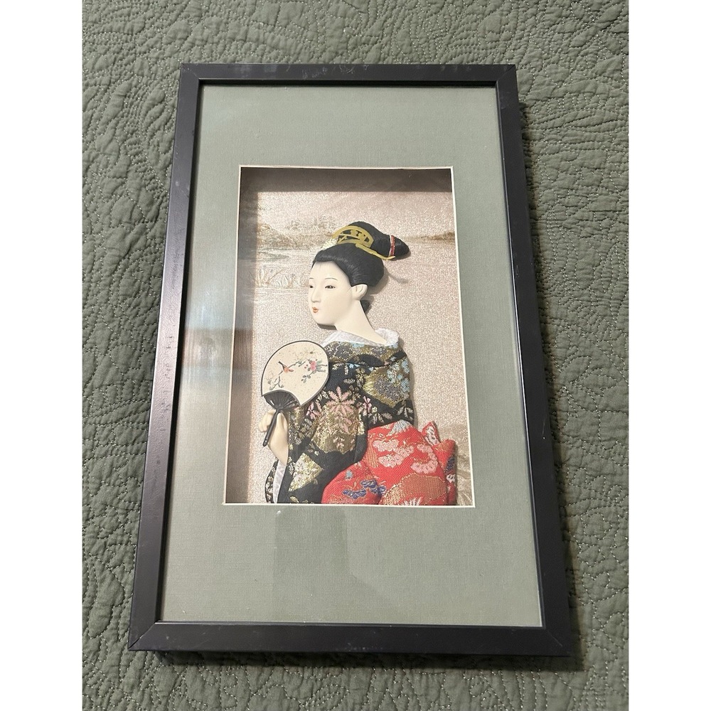 Vintage Porcelain Japanese Geisha Girl Silk Kimono Shadow Box 3D Framed Wall Art
